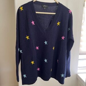 J. Crew Women’s Navy V-Neck Cashmere Sweater with colorful Star Accents szXS